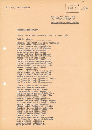 Informationsbericht über ein abgehörtes Lied von Wolf Biermann: "Stasiballade"