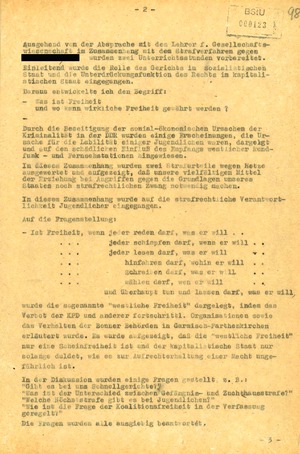 Stasi-Bericht über eine Schulveranstaltung zum Strafverfahren in der Flugblattsache