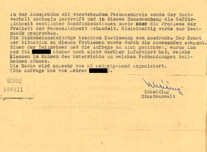 Stasi-Bericht über eine Schulveranstaltung zum Strafverfahren in der Flugblattsache