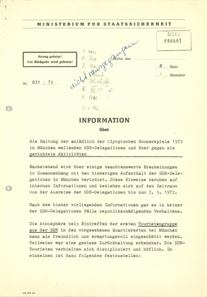Information über die Haltung der zu den Olympischen Sommerspielen 1972 in München weilenden DDR-Delegation und über gegen sie gerichtete Aktivitäten