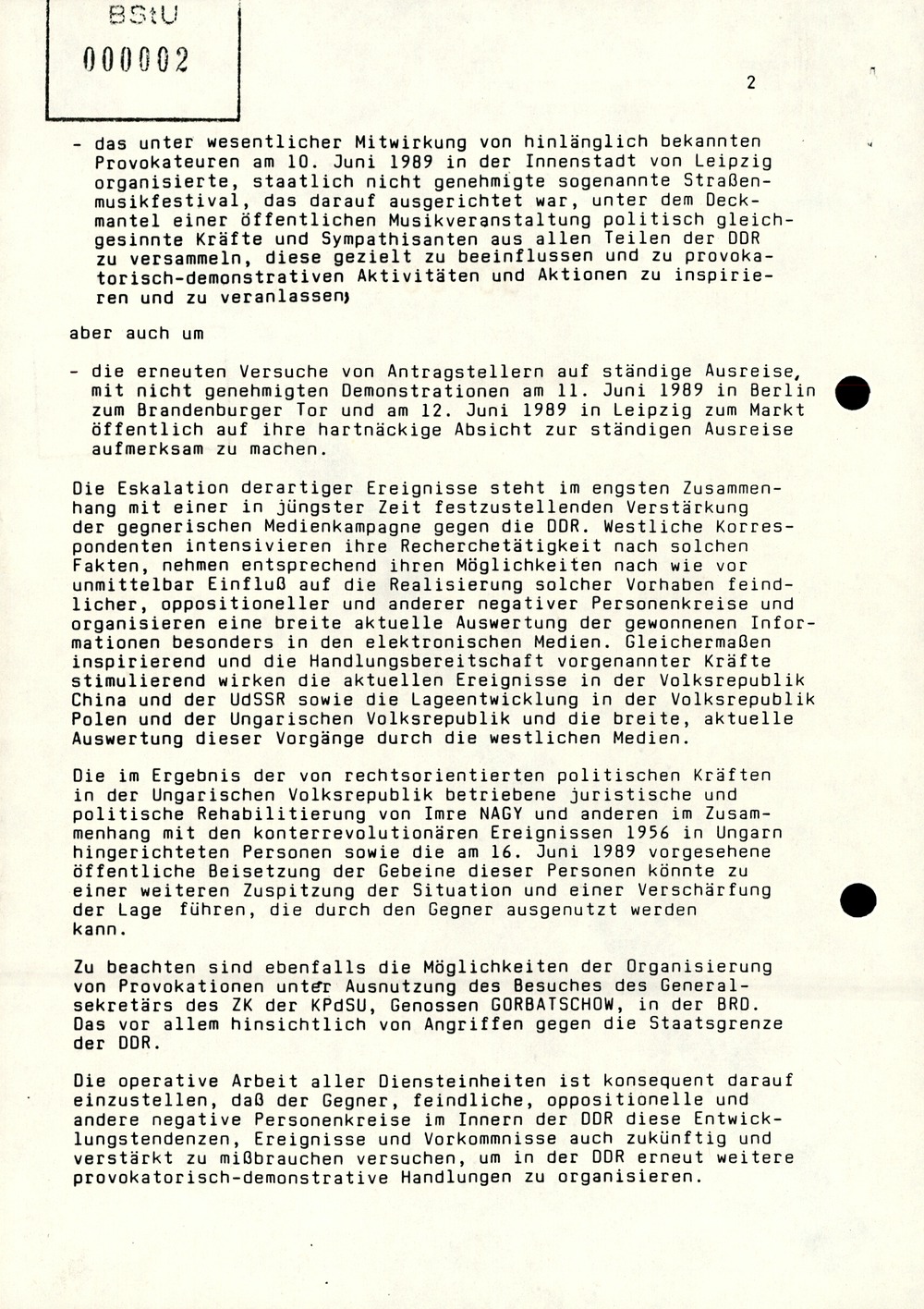 Schreiben Mielkes an die Leiter der Diensteinheiten zur Unterbindung "provokatorisch-demonstrativer Handlungen"