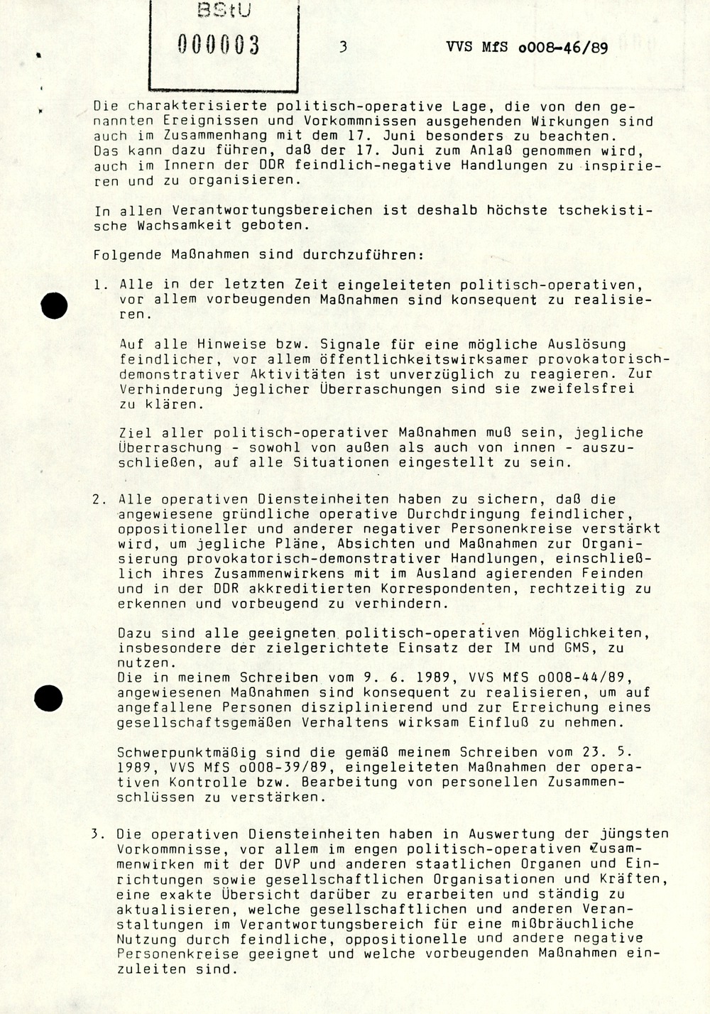 Schreiben Mielkes an die Leiter der Diensteinheiten zur Unterbindung "provokatorisch-demonstrativer Handlungen"