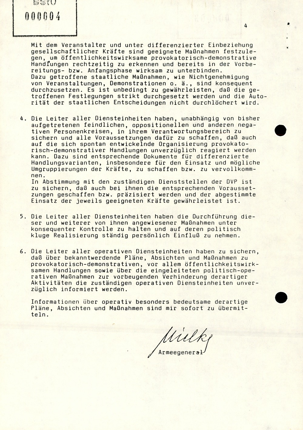 Schreiben Mielkes an die Leiter der Diensteinheiten zur Unterbindung "provokatorisch-demonstrativer Handlungen"