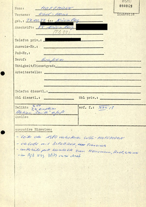 Erfassung des westdeutschen Rechtsextremisten Karl-Heinz Hoffmann