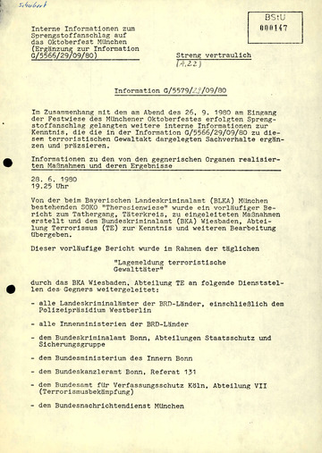 Bericht über die Ermittlungen von LKA und BKA zum Oktoberfestattentat 1980
