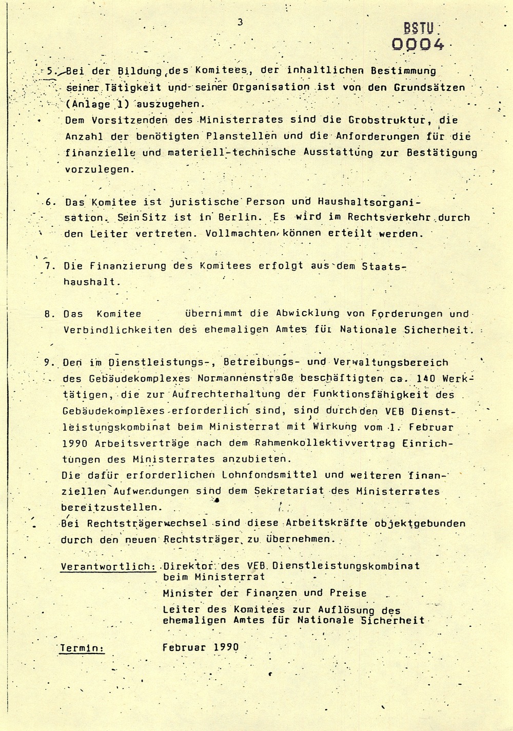 "Beschluss über weitere Maßnahmen zur Auflösung des ehemaligen Amtes für Nationale Sicherheit"