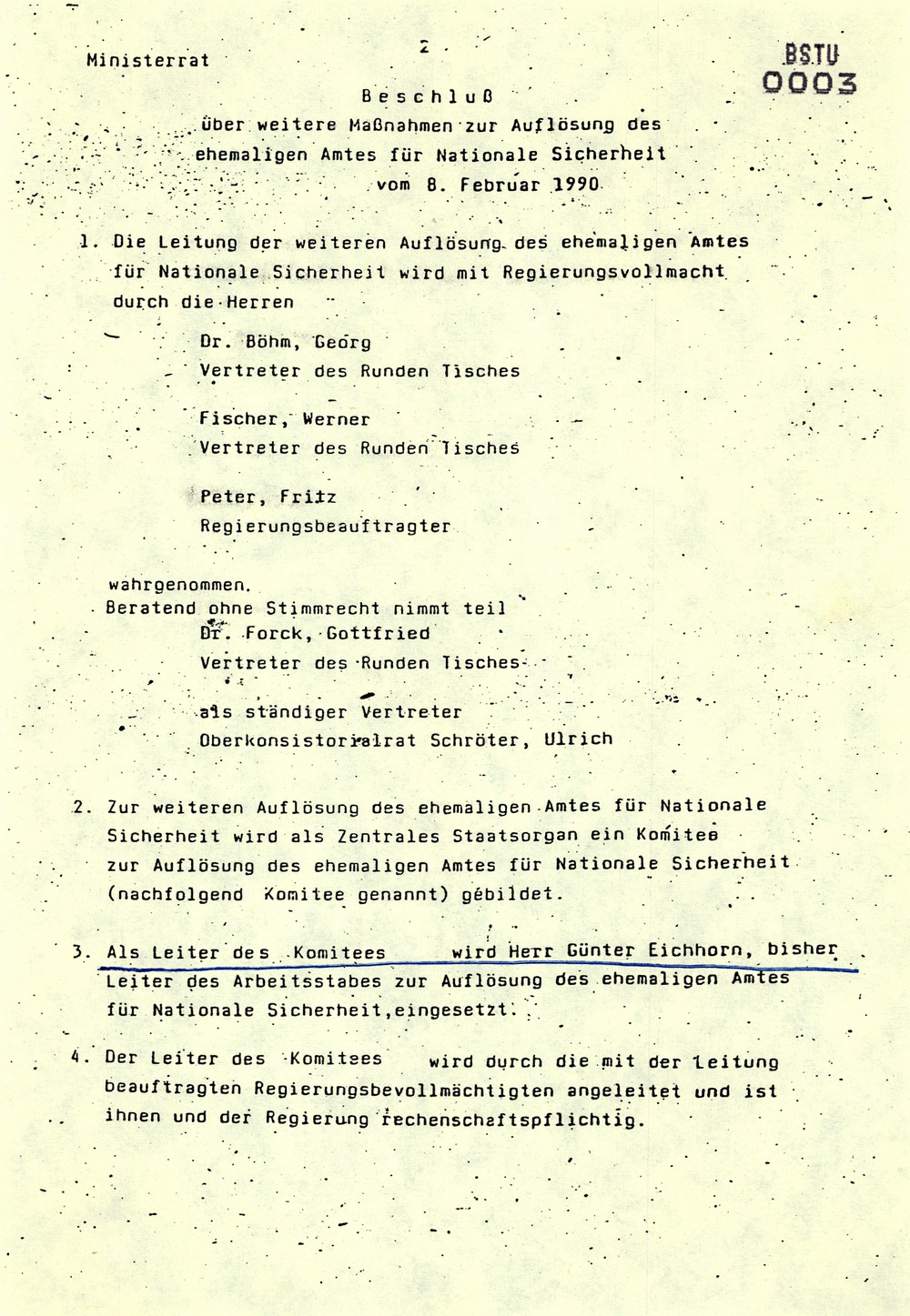 "Beschluss über weitere Maßnahmen zur Auflösung des ehemaligen Amtes für Nationale Sicherheit"