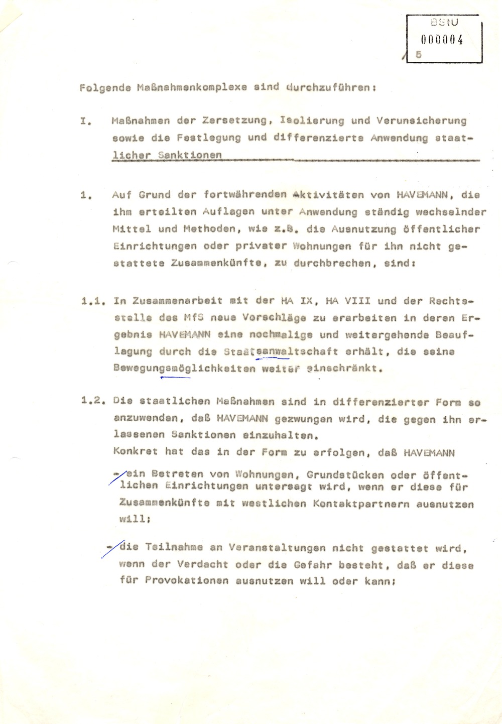 Plan zu Maßnahmen der Zersetzung, Verunsicherung und Isolierung von Robert Havemann