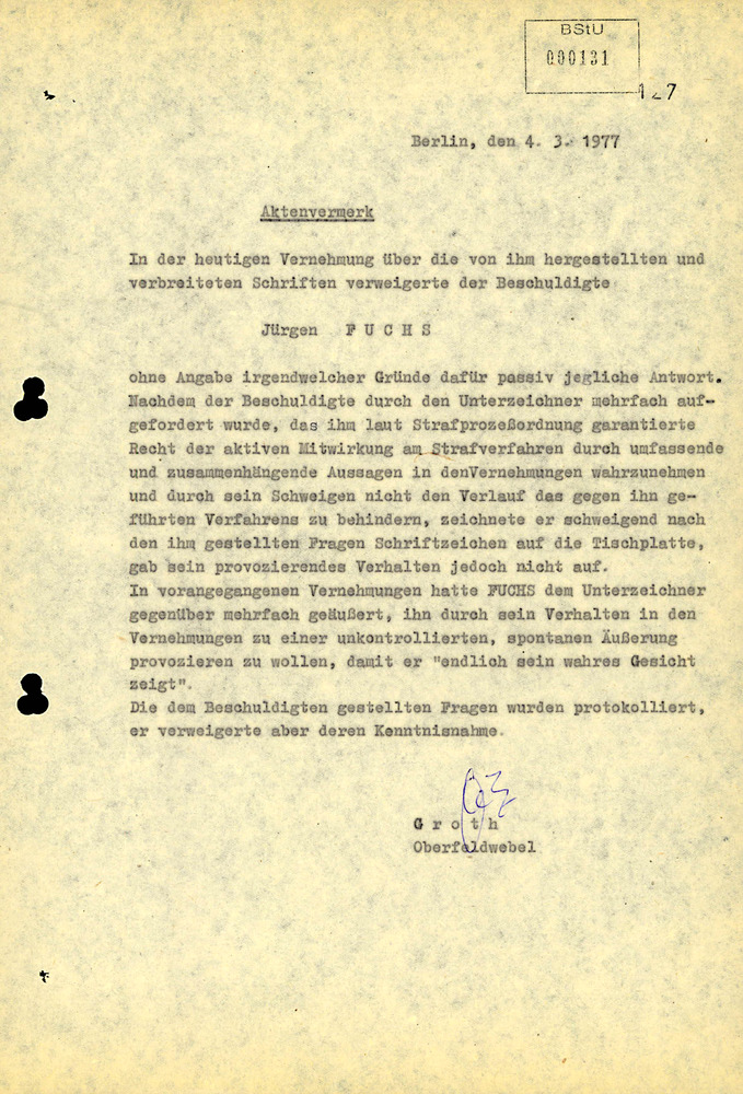 Vernehmungsprotokoll und Aktenvermerk zur Verweigerung einer Aussage von Jürgen Fuchs