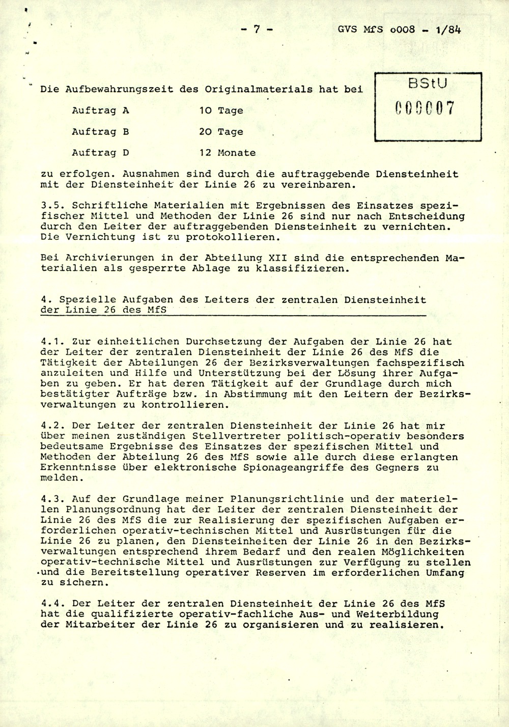 Dienstanweisung 1/84 über die Aufgaben der Linie 26