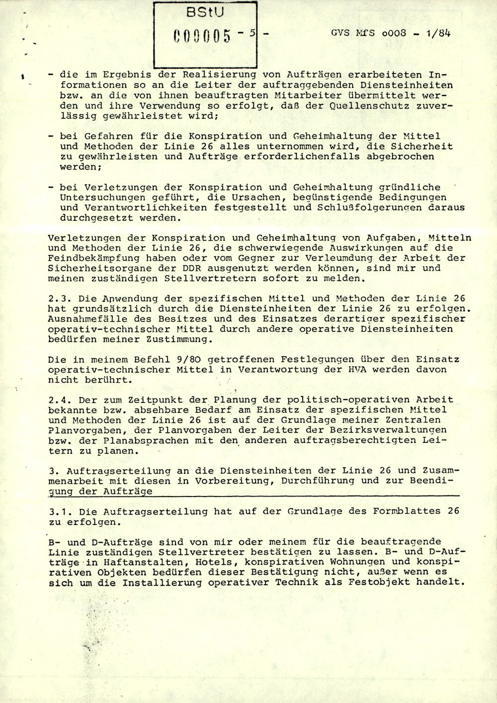 Dienstanweisung 1/84 über die Aufgaben der Linie 26