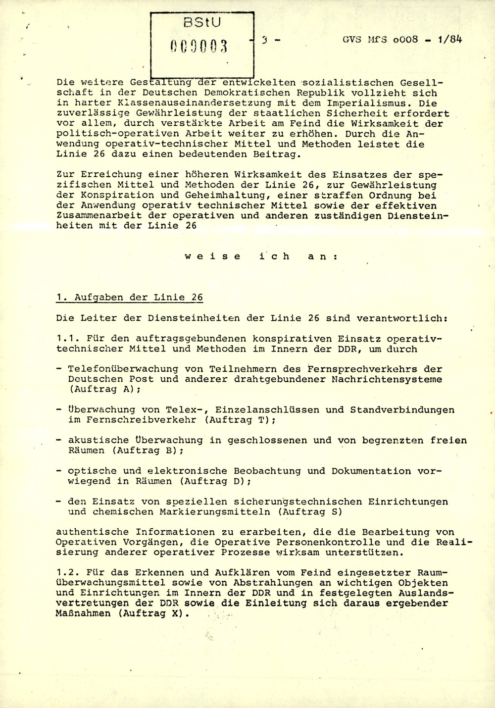 Dienstanweisung 1/84 über die Aufgaben der Linie 26