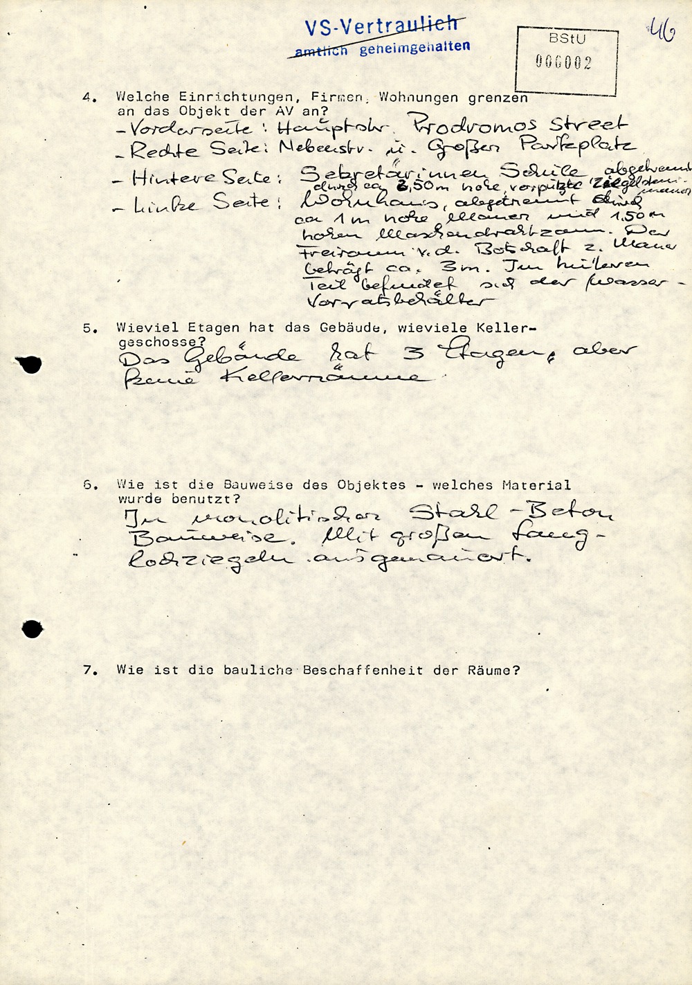 Fragebogen zur technischen Absicherung der DDR-Vertretung auf Zypern