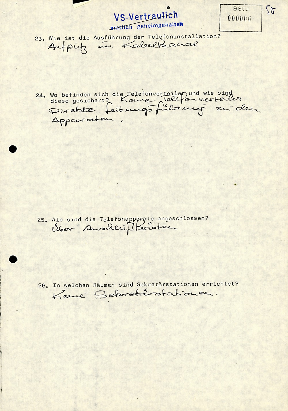 Fragebogen zur technischen Absicherung der DDR-Vertretung auf Zypern