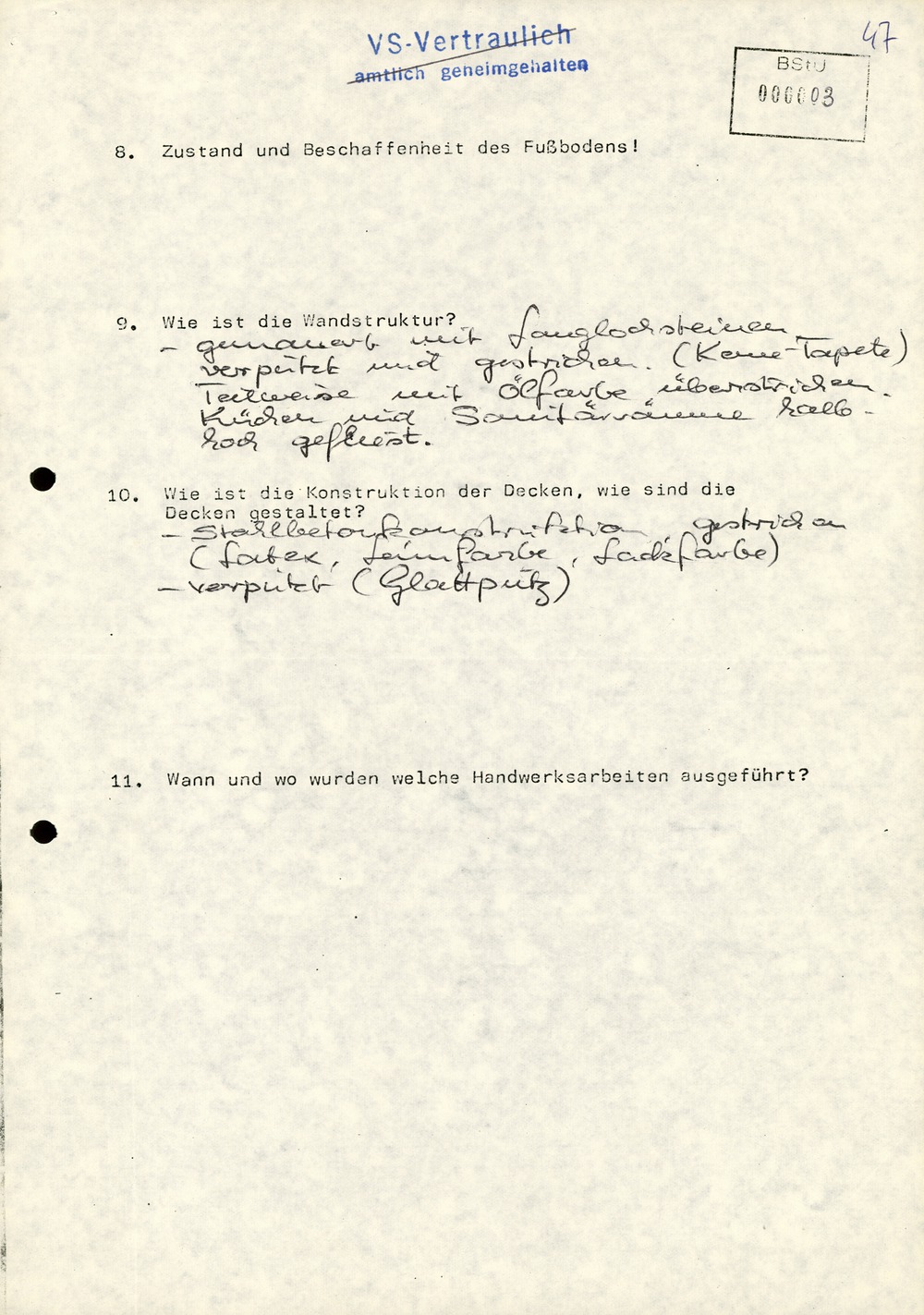Fragebogen zur technischen Absicherung der DDR-Vertretung auf Zypern