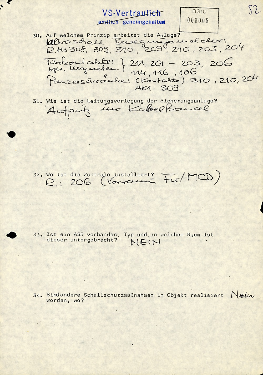 Fragebogen zur technischen Absicherung der DDR-Vertretung auf Zypern