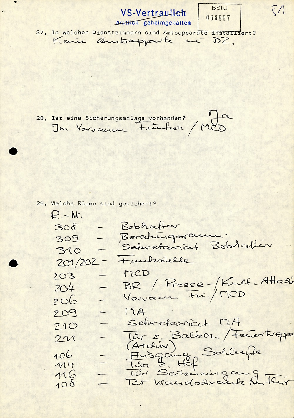 Fragebogen zur technischen Absicherung der DDR-Vertretung auf Zypern