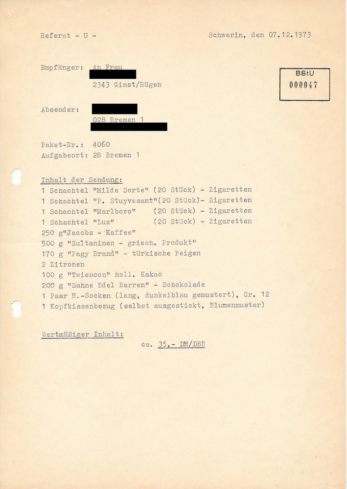 Auflistung des Paketinhalts eines Päckchens der "Deutschen Bruderhilfe"