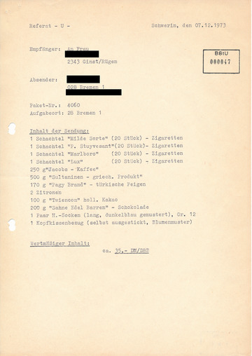 Auflistung des Paketinhalts eines Päckchens der "Deutschen Bruderhilfe"