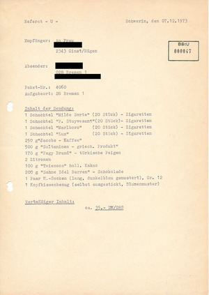 Auflistung des Paketinhalts eines Päckchens der "Deutschen Bruderhilfe"