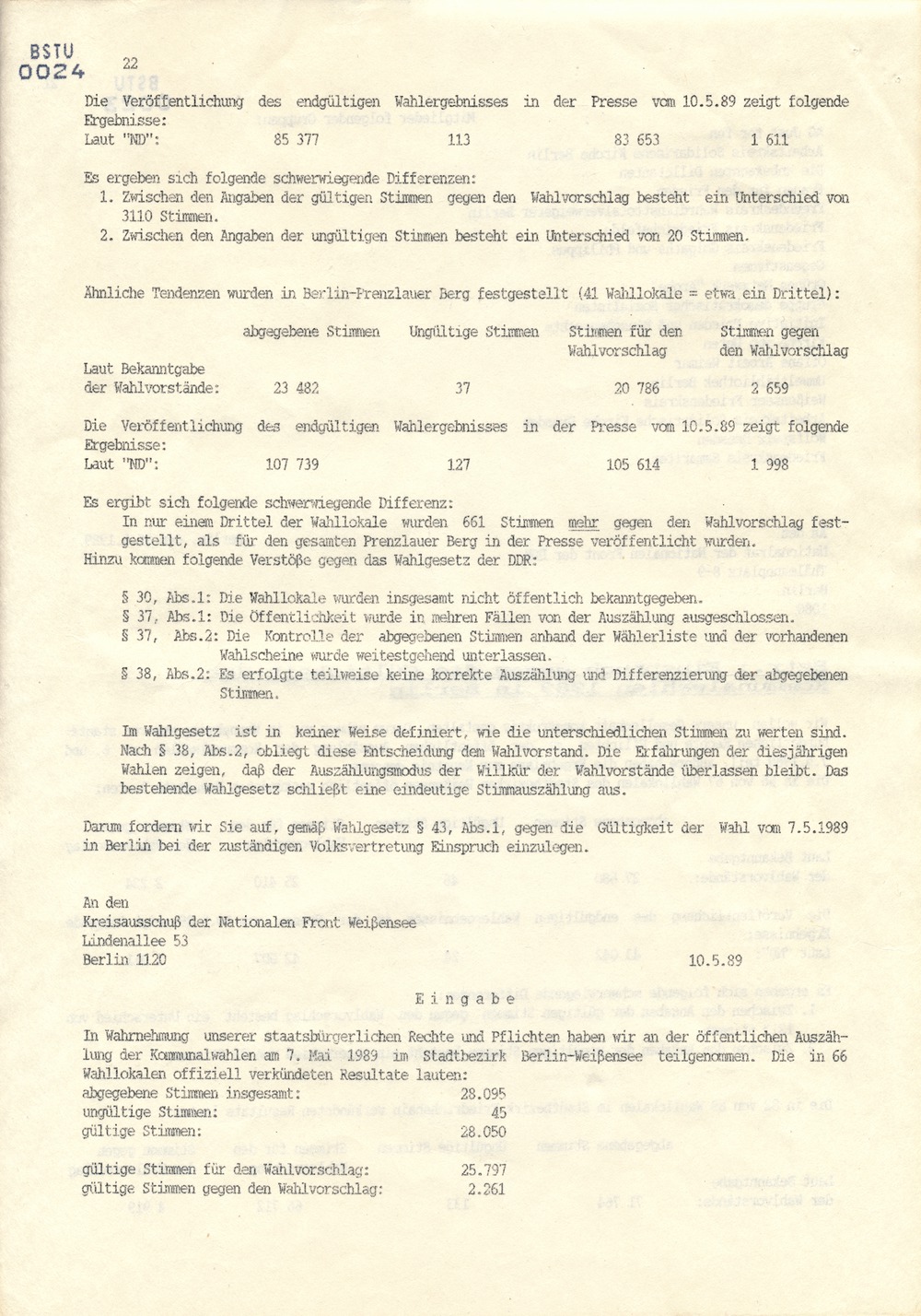 Wahlfall '89 - Dokumentation der Opposition über Wahlfälschungen