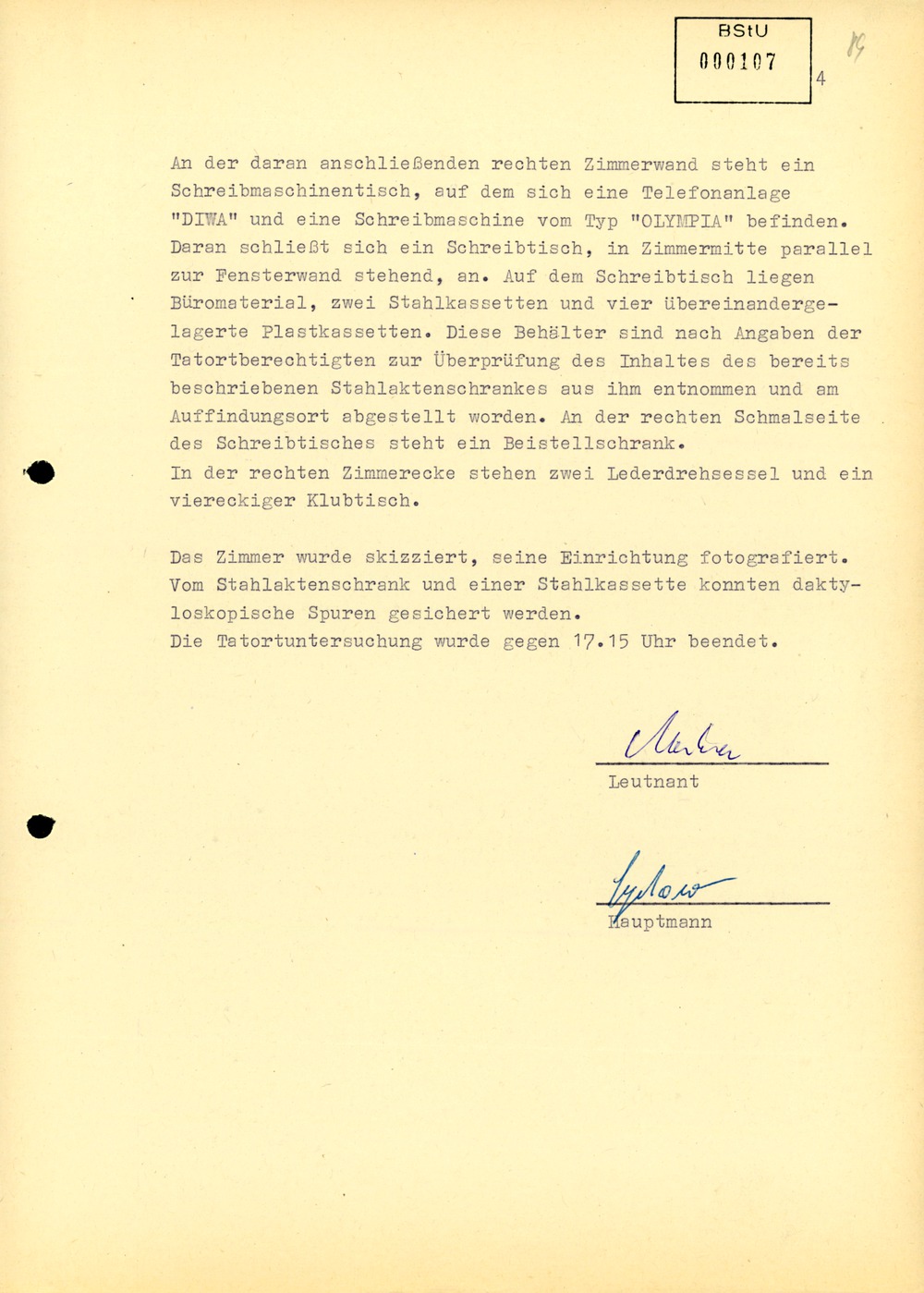 Tatortuntersuchungsprotokoll zum Diebstahl von geheimen Unterlagen durch Werner Stiller