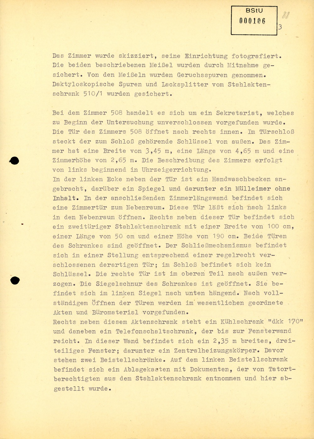 Tatortuntersuchungsprotokoll zum Diebstahl von geheimen Unterlagen durch Werner Stiller