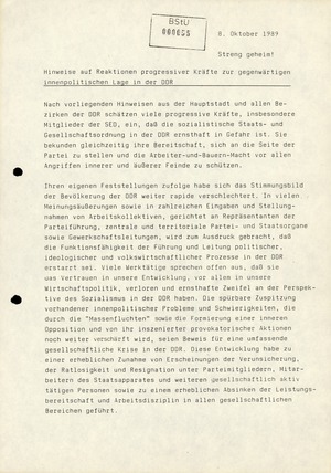 Hinweise auf Reaktionen progressiver Kräfte zur innenpolitischen Lage in der DDR