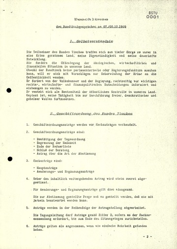 Protokoll der ersten Sitzung des Zentralen Runden Tisches in der DDR