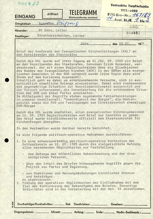 Schreiben des Leiters der Bezirksverwaltung Gera zum Offenen Brief der Evangelischen Kirche an Honecker