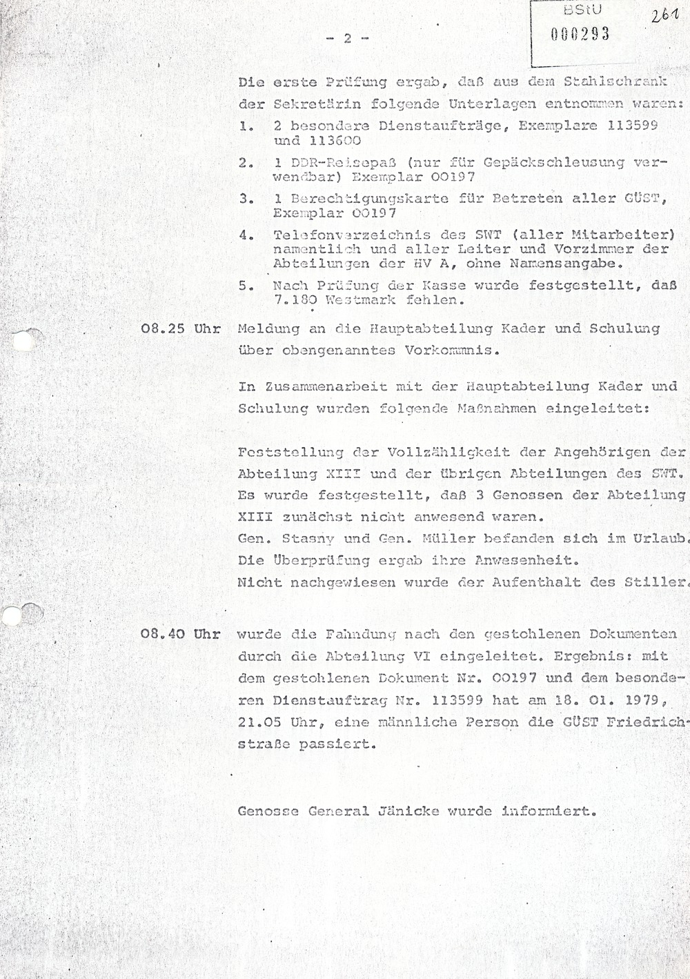 Sachstandsbericht über die Ereignisse nach der Flucht Werner Stillers