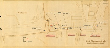Lageplan der Grenzübergangsstelle Chausseestraße mit Skizze des Verlaufs eines Fluchtversuches