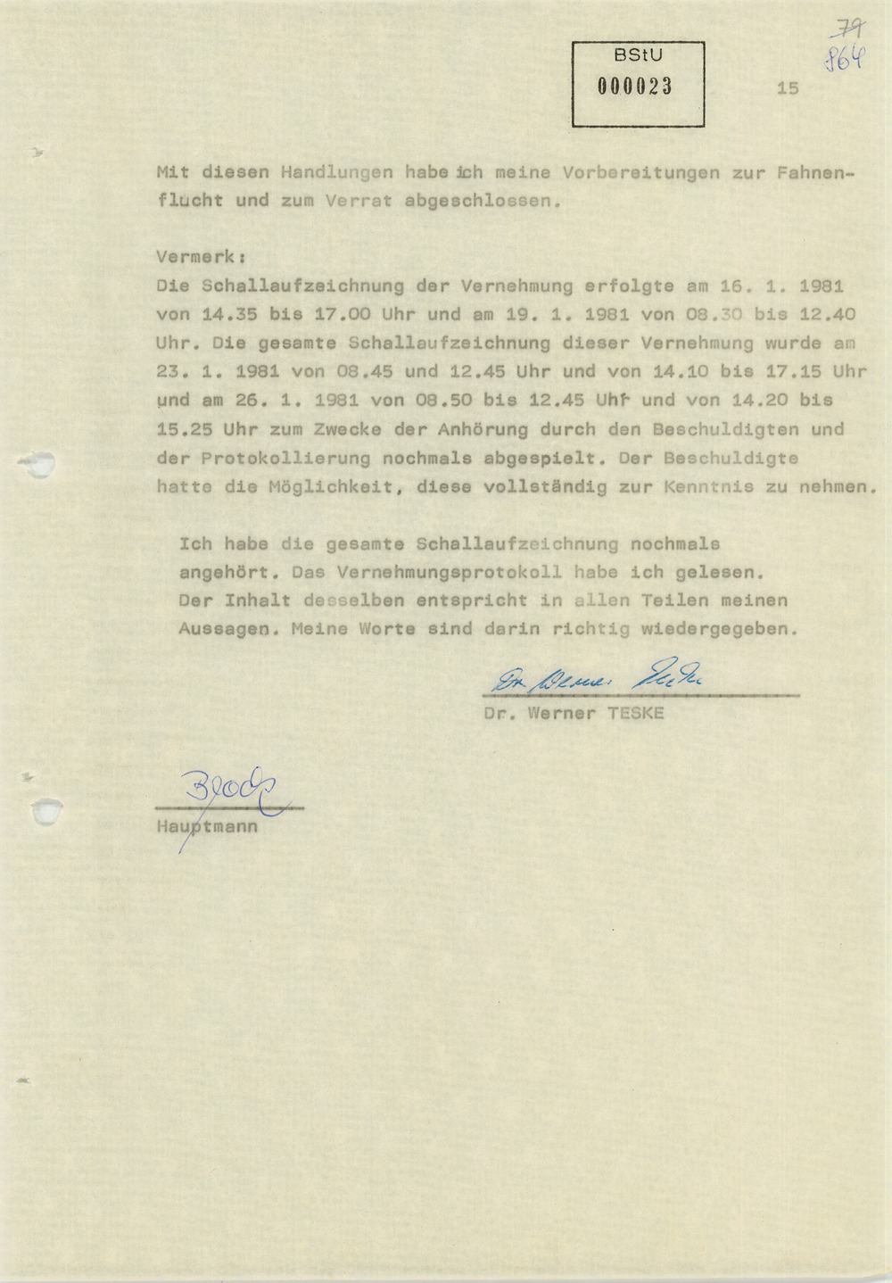Vernehmungsprotokolle Werner Teskes vom 16. und 19. Januar 1981
