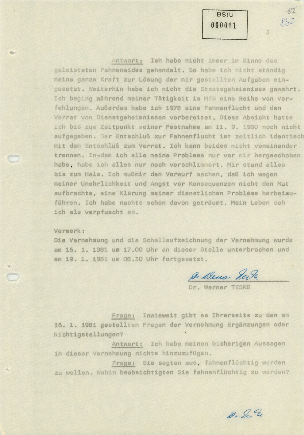 Vernehmungsprotokolle Werner Teskes vom 16. und 19. Januar 1981