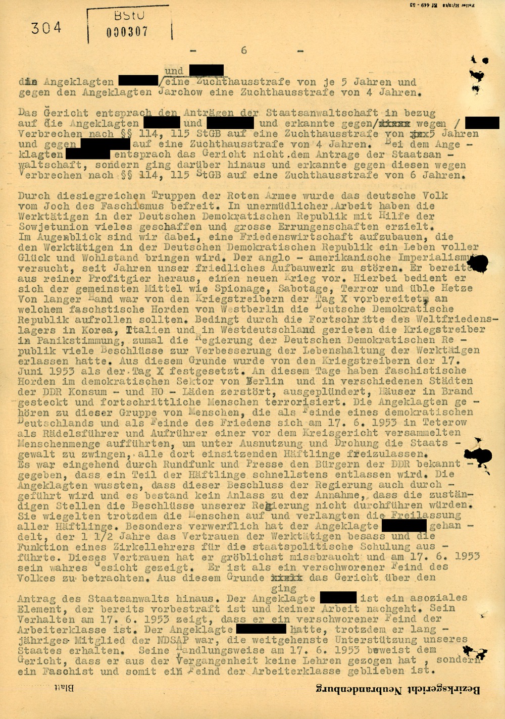 Urteil gegen Teilnehmer einer Demonstration in Teterow während des Volksaufstandes