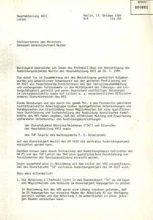 Protokoll über eine Besichtigung des Dienstobjektes "Walli" bei Wartin im Oktober 1989