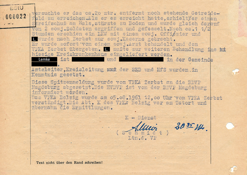 Spitzenmeldung der Volkspolizei zu Ermittlungen im Kreis Belzig wegen des Verdachts der „Diversion“