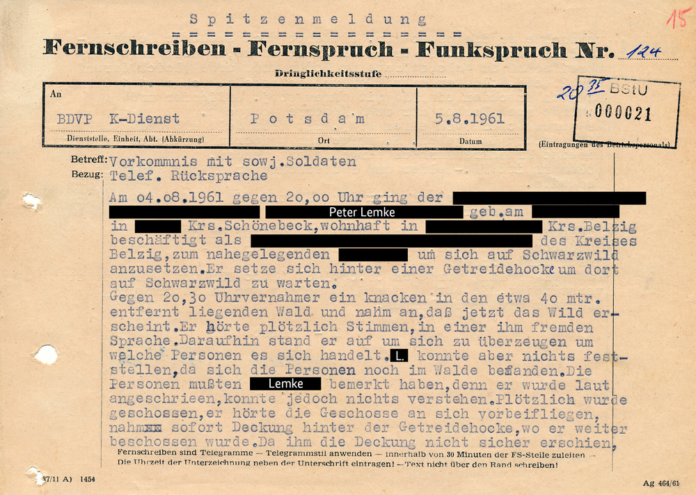 Spitzenmeldung der Volkspolizei zu Ermittlungen im Kreis Belzig wegen des Verdachts der „Diversion“