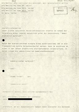 Information über Pläne zur Formierung einer inneren Opposition "Demokratischer Aufbruch"