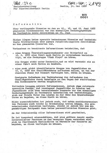 Information über Hinweise zu den am 16., 18. und 19. Juni 1988 geplanten Rockkonzerten vor dem ehemaligen Reichstagsgebäude in West-Berlin