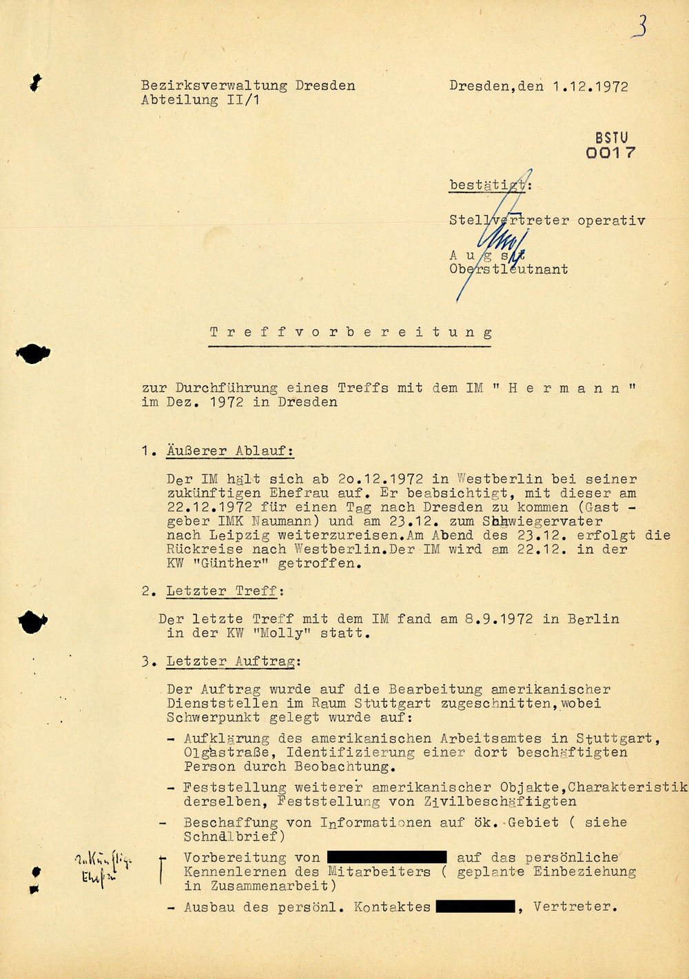 Treffvorbereitung für einen Treff mit dem westdeutschen IM "Hermann"