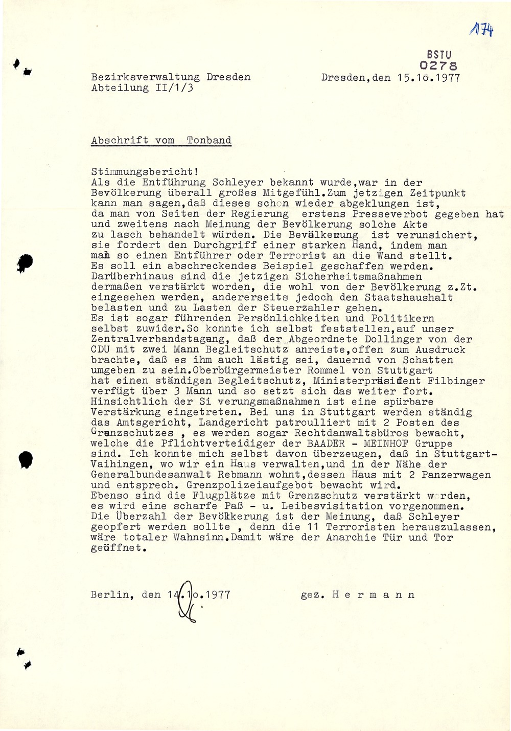 Bericht von IM "Hermann" über die Stimmung in der BRD während der Schleyer-Entführung