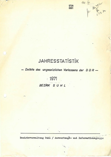 Jahresstatistik über Delikte des ungesetzlichen Verlassens der DDR im Bezirk Suhl im Jahr 1971