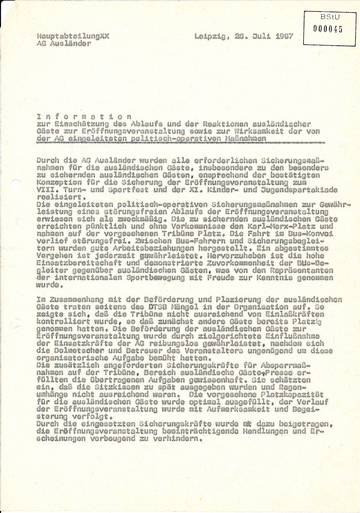 Information zur Eröffnungsveranstaltung des VIII. Turn- und Sportfestes in Leipzig 1987