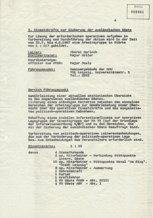 Maßnahmeplan zur Sicherung ausländischer Gäste beim VIII. Turn- und Sportfest in Leipzig 1987