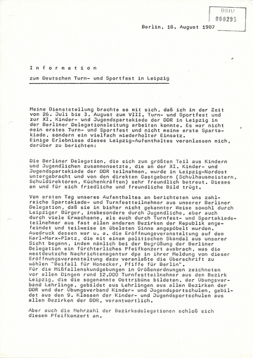 Bericht eines Informanten über das VIII. Turn- und Sportfest in Leipzig 1987