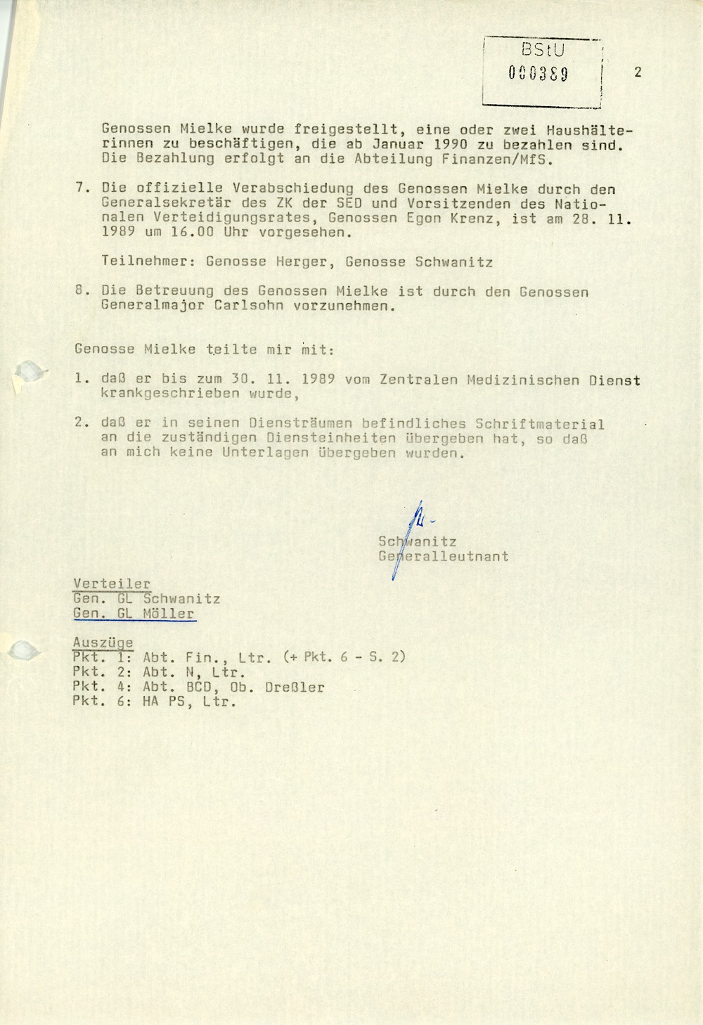 Vermerk über das Entlassungsgespräch von Erich Mielke