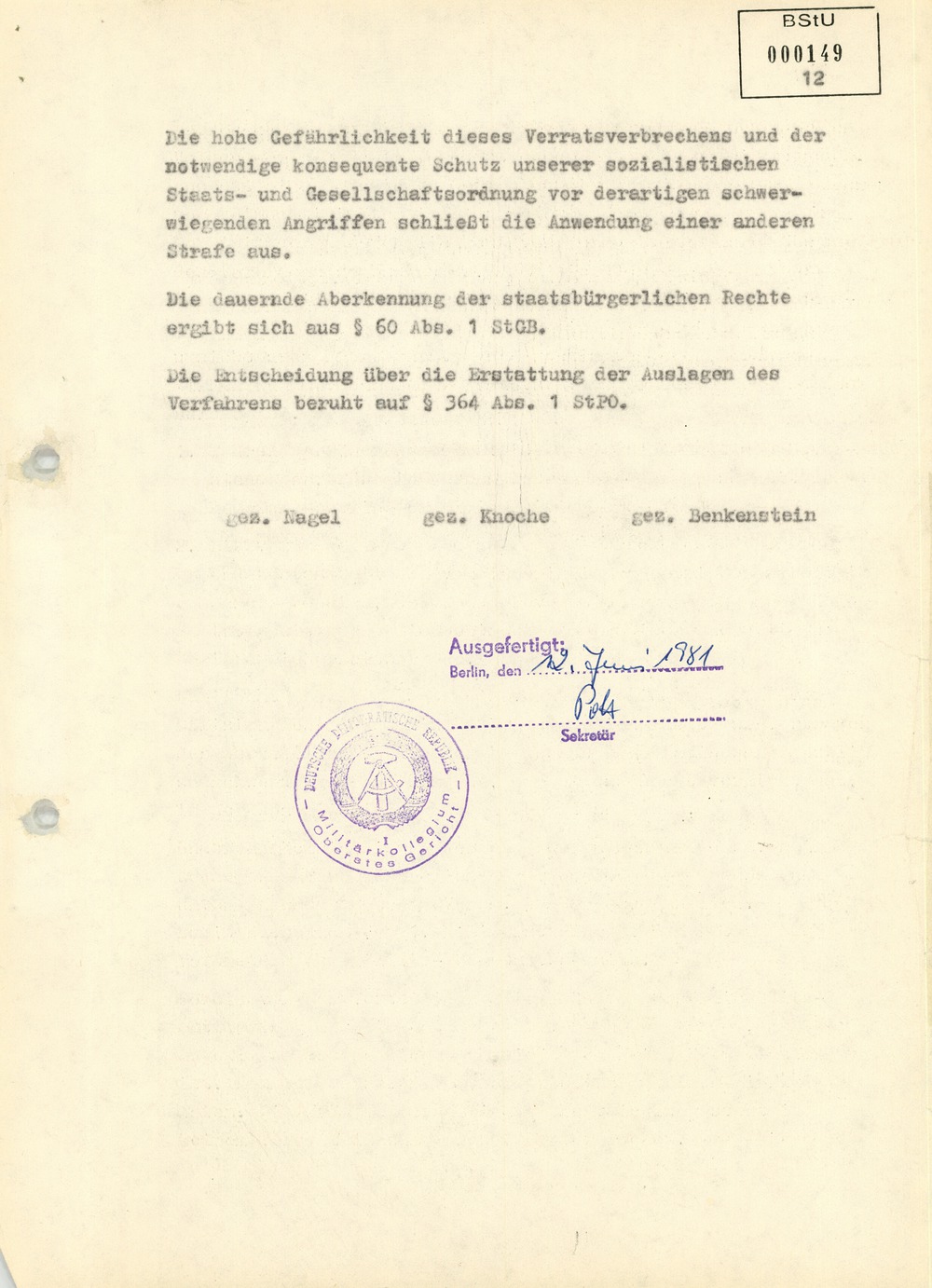 Ausfertigung des Urteils im Fall Werner Teske vom 12. Juni 1981