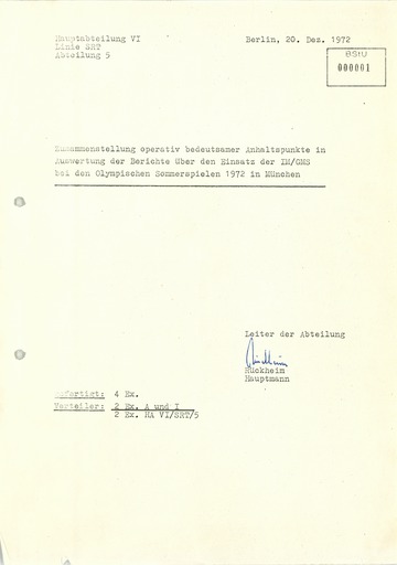 Zusammenstellung operativ bedeutsamer Anhaltspunkte in Auswertung der Berichte über den Einsatz der IM/GMS bei den Olympischen Sommerspielen 1972 in München