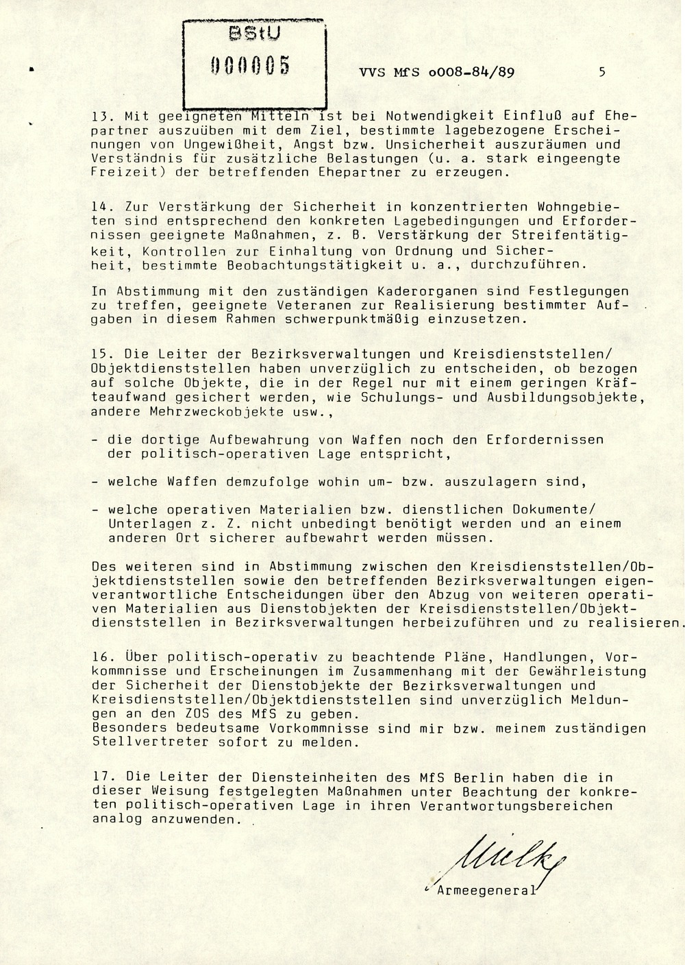 Anweisung von Mielke zur Sicherung der Dienstobjekte der Bezirksverwaltungen, Kreisdienststellen und Objektdienststellen